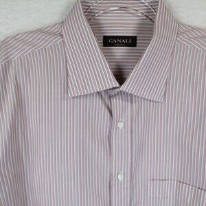 Canali Men's Dress Shirt Size 18 46 Made in Italy Red Brow Striped Cotton Luxury